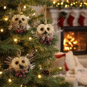 Vintage Sisal Owl Christmas Ornaments Set of 3 Rustic Woodland Holiday Decor